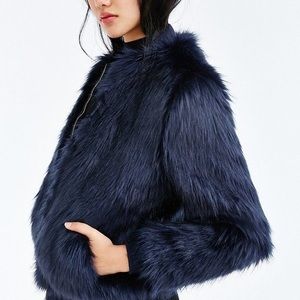 Silence + Noise Navy Faux Fur Bomber Full Zip Jacket, Size M